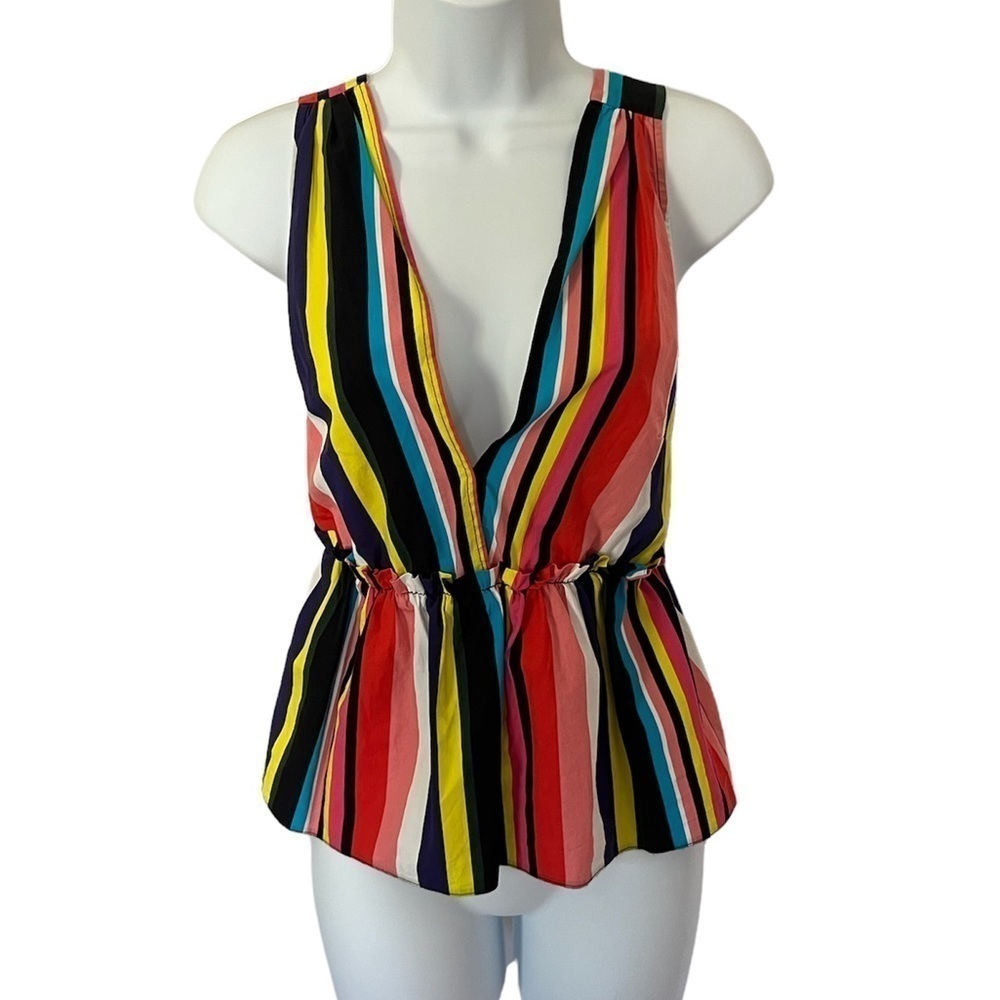 Asos women’s multicolor striped Cotton sleeveless peplum deep v neck top size 2
